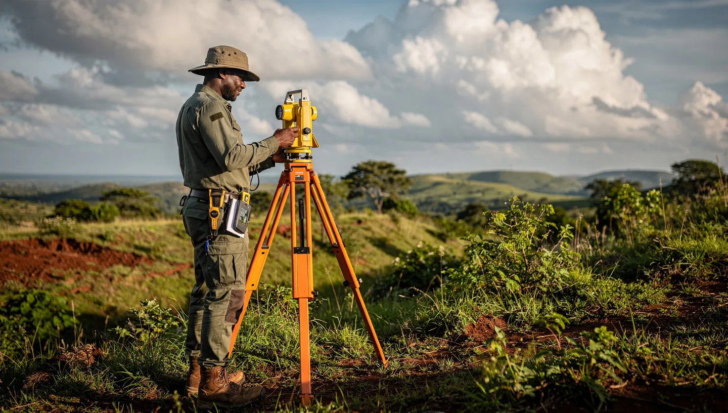 Tecnico de topografia a operar estacao total em campo